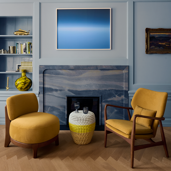 Striped Dot Stool <br> White / Yellow / Gold <br> (Ø 40 x H 46) cm