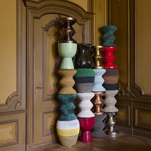 Striped Dot Stool <br> White / Yellow / Gold <br> (Ø 40 x H 46) cm