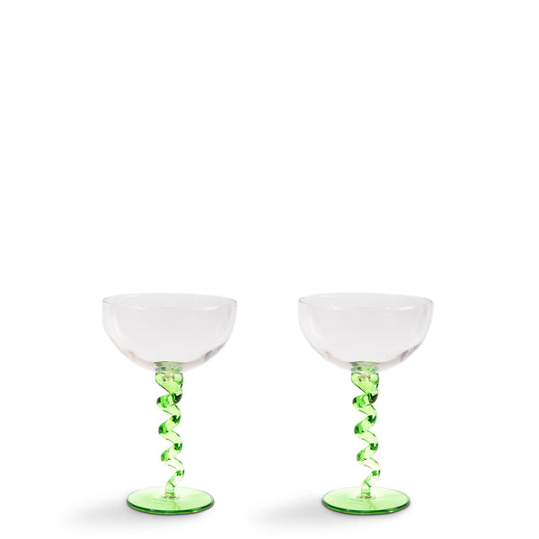 Spiral Coupe Glass <br> 
Green <br> 
Set of 2