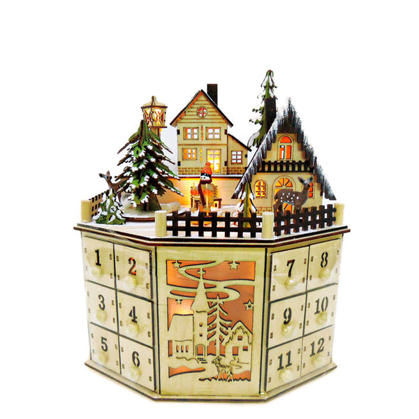 Wooden Advent Calendar Village <br> 8 Christmas Melodies <br> (H 29) cm