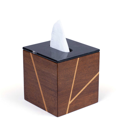 Square Wooden Tissue Box with Marble Top <br> Black <br> (L 14 x W 14 x H 15) cm