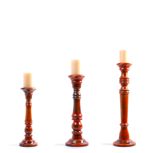 Orange Wooden Candleholder <br> Set of 3