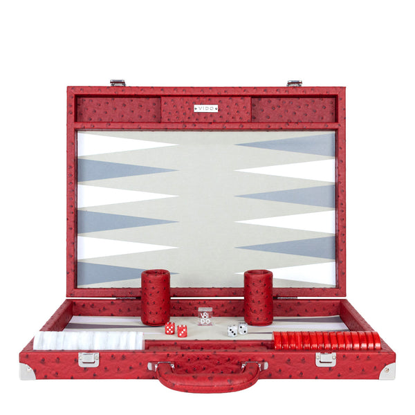 Carmine Ostrich <br> Backgammon Set with Handle <br> (L 52 x W 36) cm