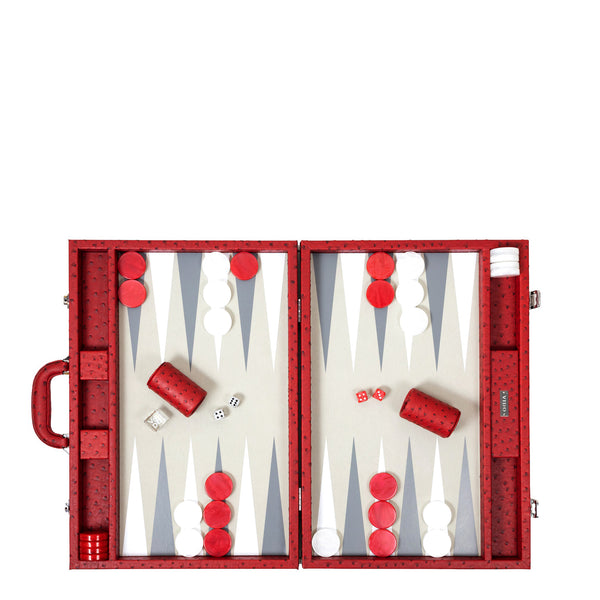 Carmine Ostrich <br> Backgammon Set with Handle <br> (L 52 x W 36) cm
