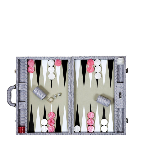 Cool Grey & Pink Snake <br> Backgammon Set with Handle <br> (L 52 x W 36) cm
