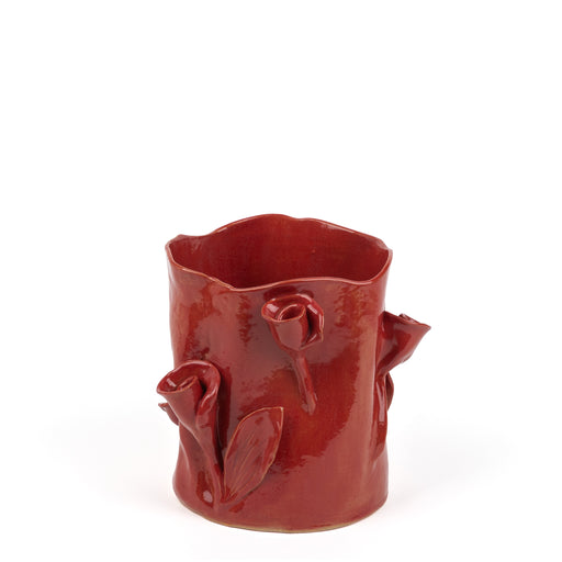 Roses Crafted Round Vase <br> Red<br> (Ø 19 x H 22) cm