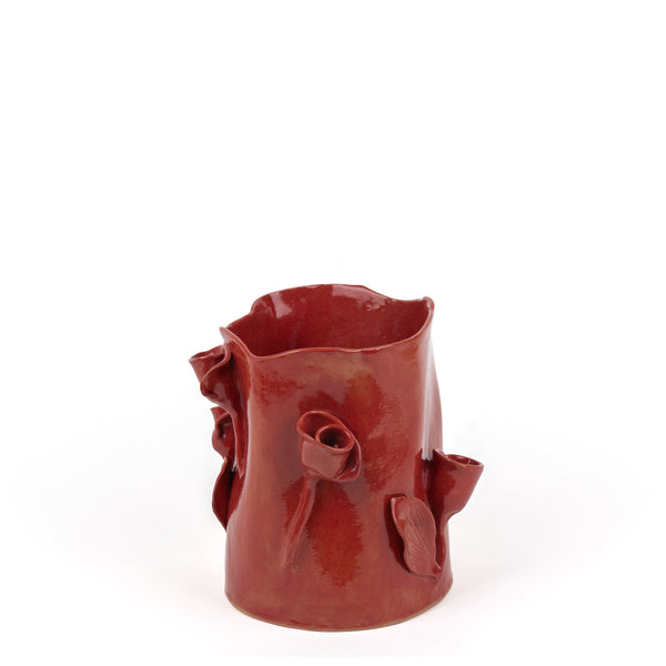 Roses Crafted Round Vase <br> Red<br> (Ø 19 x H 22) cm