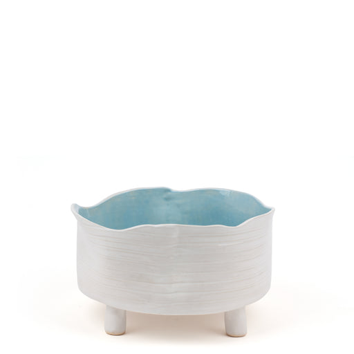 Striped Round Dish with Legs <br> 
White / Pastel Blue <br> 
(Ø 25 x H 15) cm