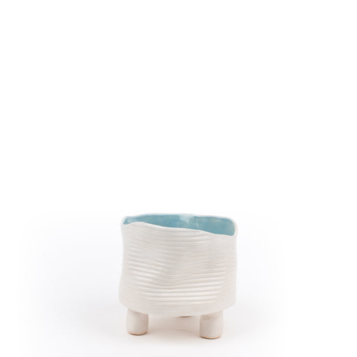 Striped Round Bowl with Legs <br> White / Pastel Blue <br> (Ø 15 x H 14.5) cm
