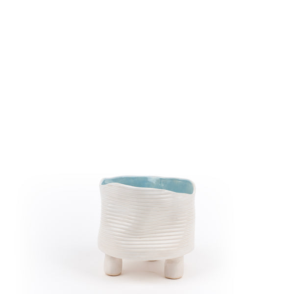 Striped Round Bowl with Legs <br> White / Pastel Blue <br> (Ø 15 x H 14.5) cm