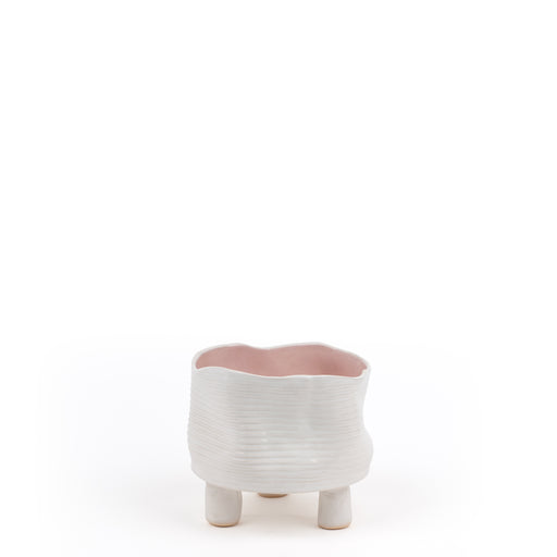 Striped Round Bowl with Legs <br> White / Pastel Pink <br> (Ø 15 x H 14.5) cm