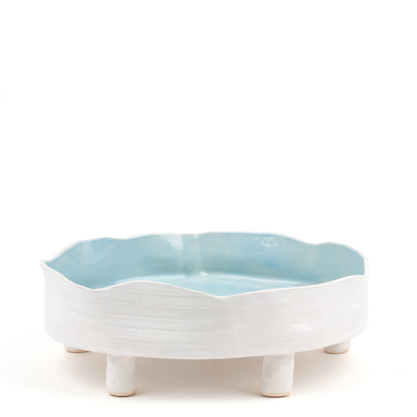 Striped Round Dish with Legs <br> 
White / Pastel Blue <br> 
(Ø 32 x H 11.5) cm