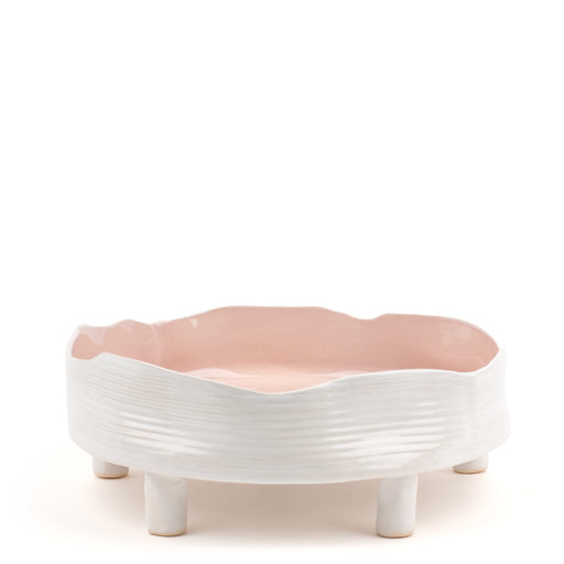 Striped Round Dish with Legs <br> 
White / Pastel Pink <br> 
(Ø 32 x H 11.5) cm