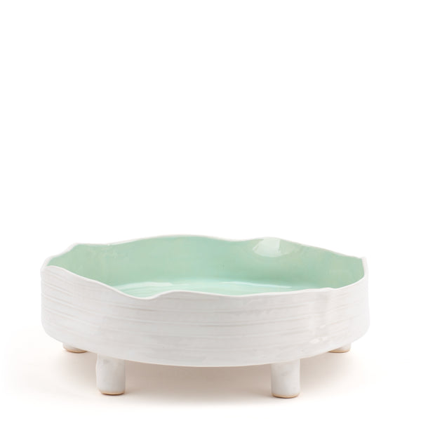 Striped Round Dish with Legs <br> 
White / Pastel Mint Green <br> 
(Ø 32 x H 11.5) cm