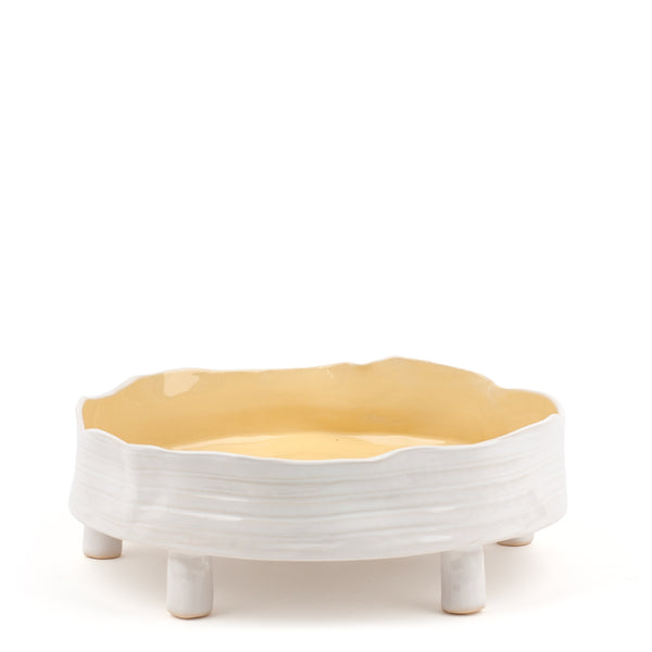 Striped Round Dish with Legs <br> 
White / Pastel Yellow <br> 
(Ø 32 x H 11.5) cm