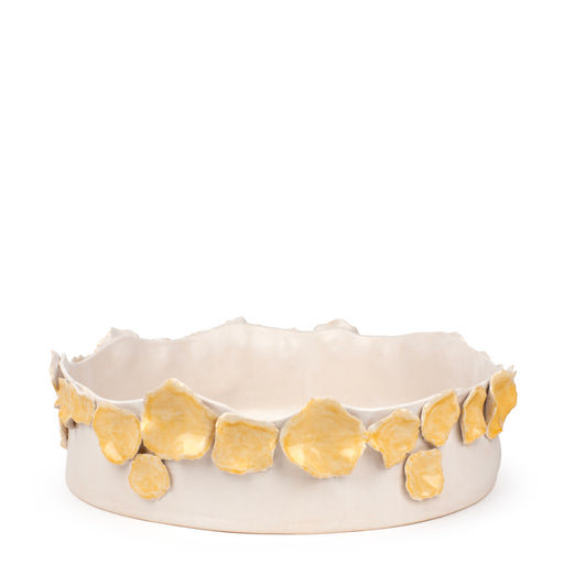 Flower Crafted Round Dish <br> White / Yellow <br> (Ø 45 x H 12) cm