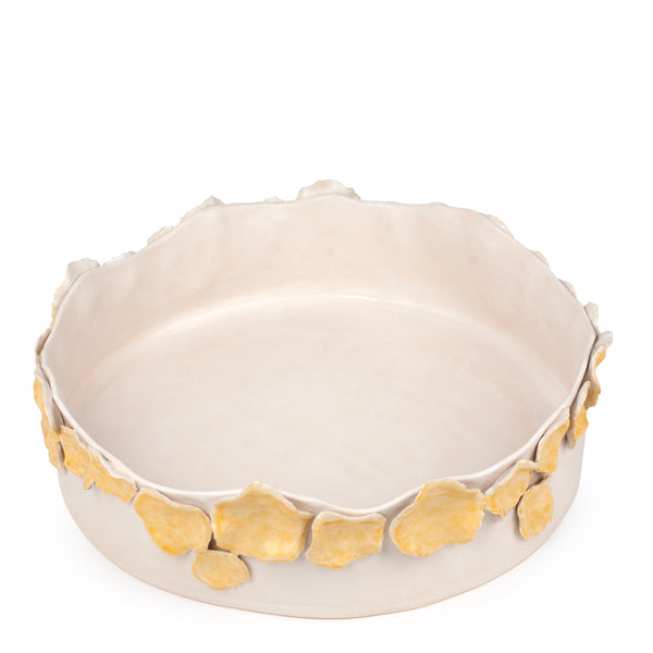 Flower Crafted Round Dish <br> White / Yellow <br> (Ø 45 x H 12) cm