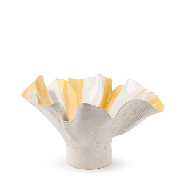 Deep Stripes Ruffle Dish on Stand <br>
White / Yellow <br>
(Ø 47 x H 27) cm