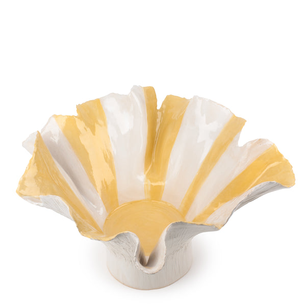 Deep Stripes Ruffle Dish on Stand <br>
White / Yellow <br>
(Ø 47 x H 27) cm