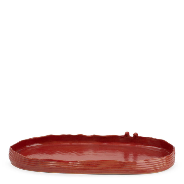 Striped Oval Dish with Birds Low Border <br> 
Red
<br> (L 47 x H 5) cm