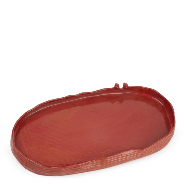 Striped Oval Dish with Birds Low Border <br> 
Red
<br> (L 47 x H 5) cm