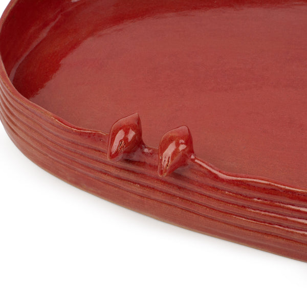 Striped Oval Dish with Birds Low Border <br> 
Red
<br> (L 47 x H 5) cm