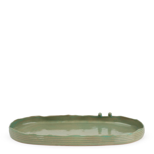 Oval Dish with Birds Low Border <br> 
Moss Green
<br> (L 47 x H 5) cm