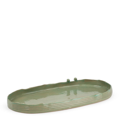 Oval Dish with Birds Low Border <br> 
Moss Green
<br> (L 47 x H 5) cm