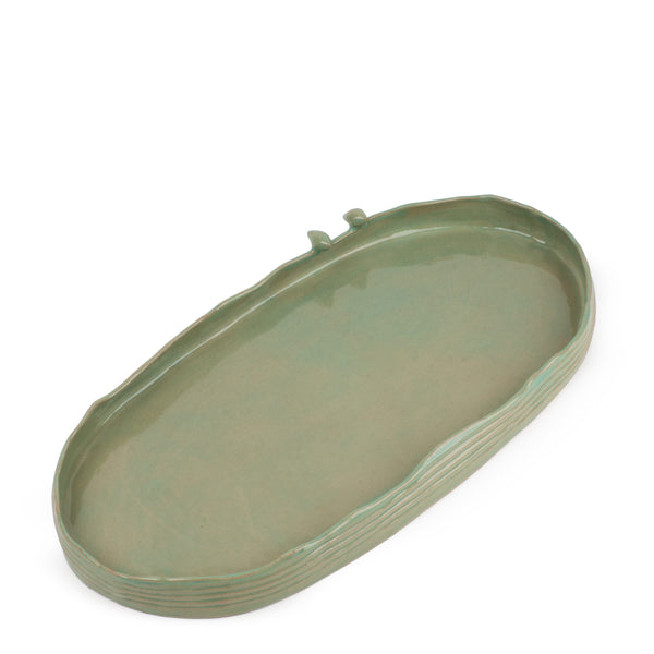 Oval Dish with Birds Low Border <br> 
Moss Green
<br> (L 47 x H 5) cm