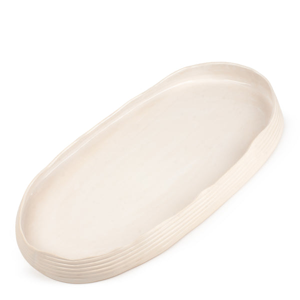 Striped Oval Dish Low Border <br> 
White
<br> (L 50 x H 5) cm