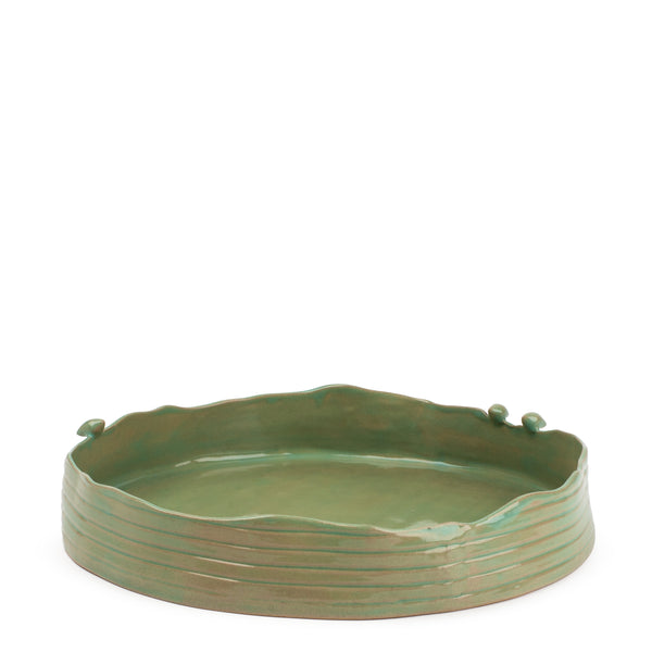Striped Round Dish with Birds <br> 
Moss Green
<br> (Ø 38 x H 7) cm