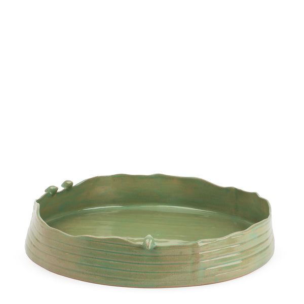Striped Round Dish with Birds <br> 
Moss Green
<br> (Ø 38 x H 7) cm