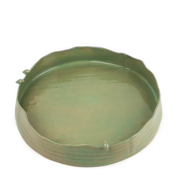 Striped Round Dish with Birds <br> 
Moss Green
<br> (Ø 38 x H 7) cm