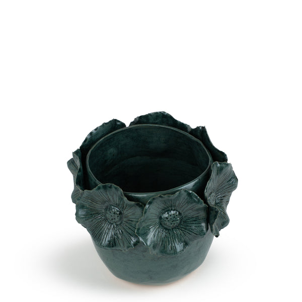 Flower Crafted Round Vase <br> Blue Green <br> (Ø 19 x H 20) cm