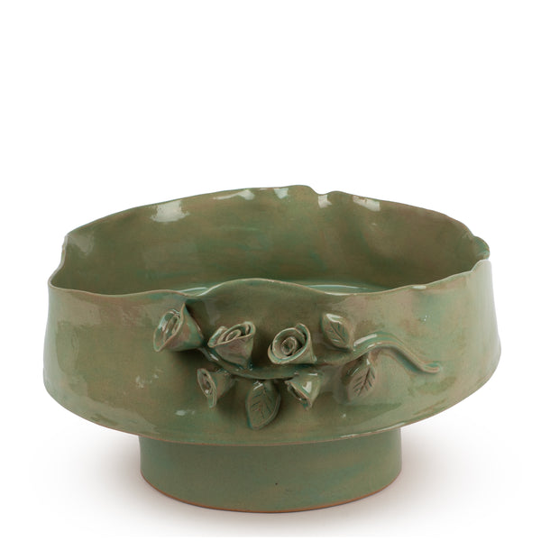 Roses Crafted Dish on Stand <br> Sage Green <br> (Ø 38 x H 20) cm