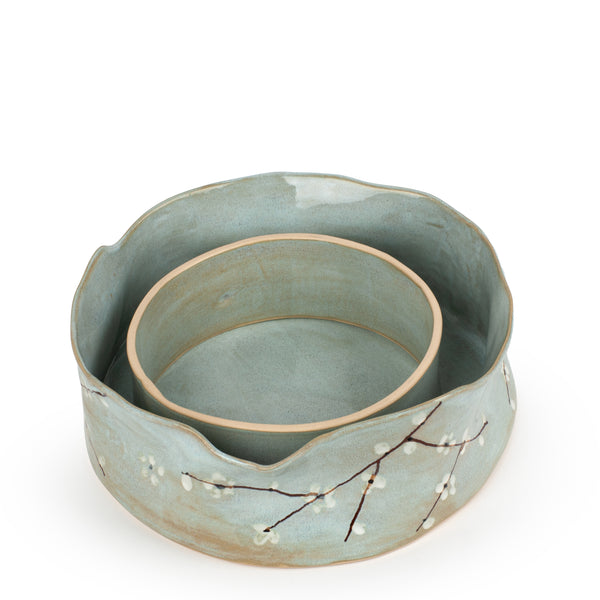 Cherry Blossom Dish on Stand <br> Light Blue <br> (Ø 32 x H 20) cm