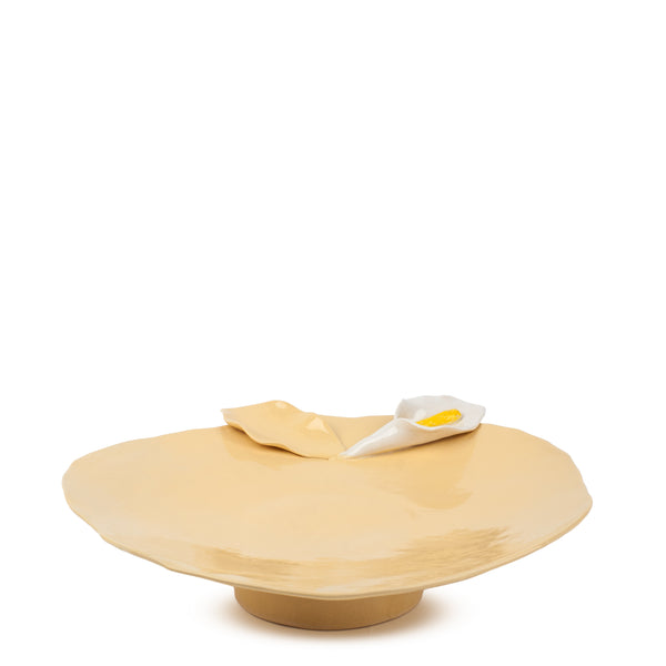 Lilies Flat Dish on Stand <br> Pastel Yellow <br> (Ø 40 x H 10) cm