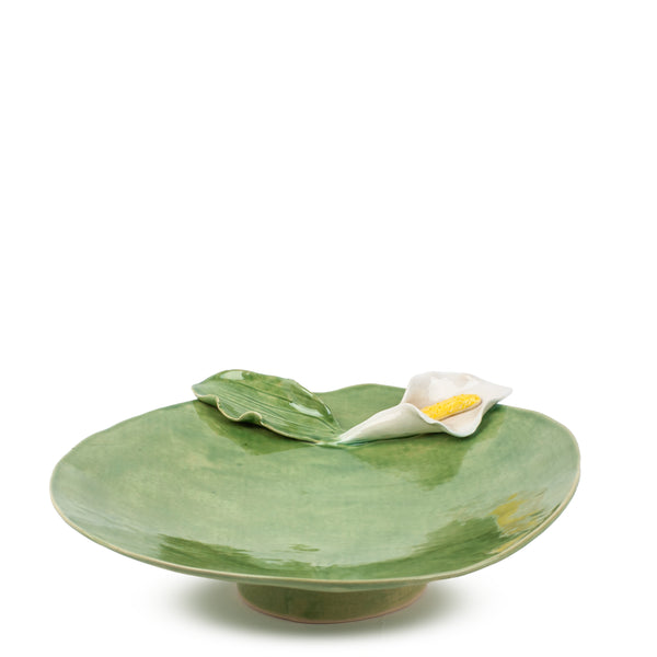Lilies Flat Dish on Stand <br> Moss Green <br> (Ø 40 x H 10) cm