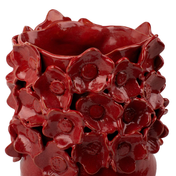 Flower Crafted Round Vase <br> Red <br> (Ø 17 x H 19) cm