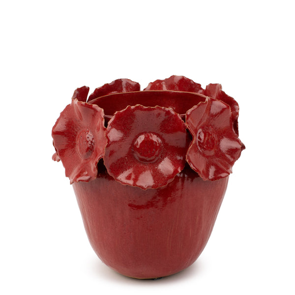 Flower Crafted Round Vase <br> Red <br> (Ø 17 x H 22) cm