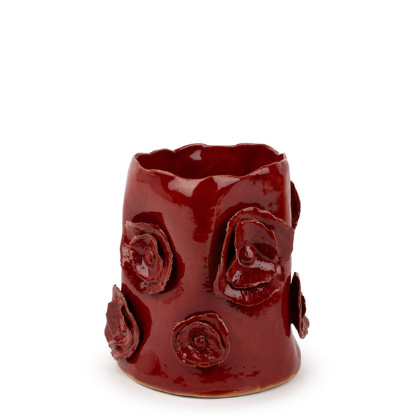 Flower Crafted Round Vase <br> Red <br> (Ø 18 x H 21.5) cm
