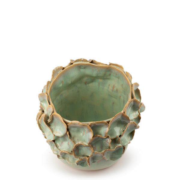 Petals Crafted Round Vase <br> Pale Green <br> (Ø 20 x H 20.5) cm