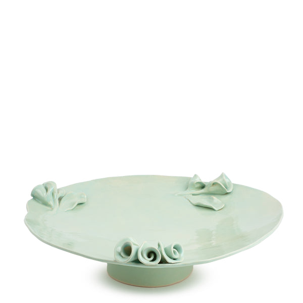 Roses Flat Dish on Stand <br> Light Green <br> (Ø 42 x H 10) cm