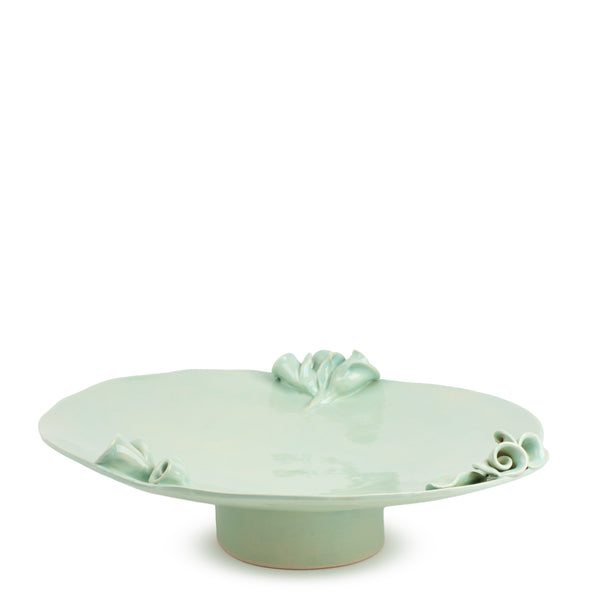 Roses Flat Dish on Stand <br> Light Green <br> (Ø 42 x H 10) cm