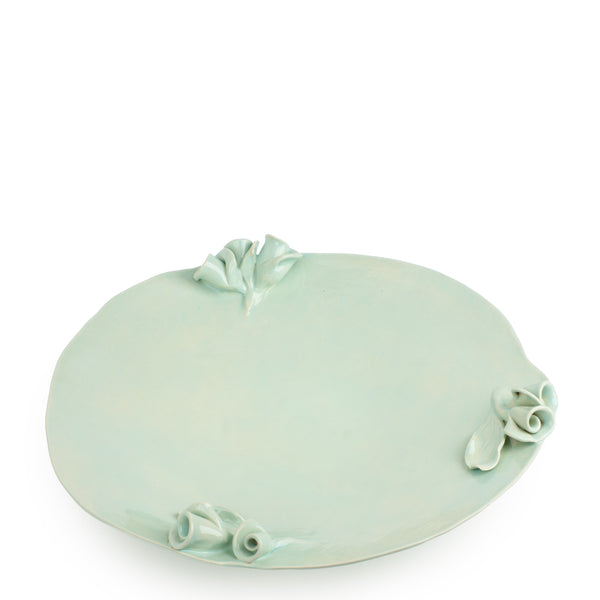 Roses Flat Dish on Stand <br> Light Green <br> (Ø 42 x H 10) cm