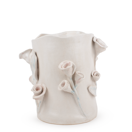 Roses Crafted Round Vase <br> 
White <br> 
(Ø 18.5 x H 27) cm