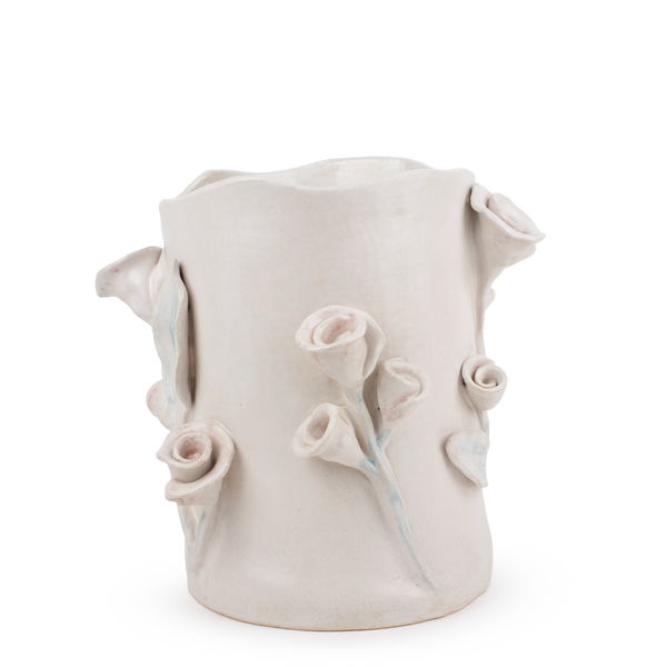 Roses Crafted Round Vase <br> 
White <br> 
(Ø 18.5 x H 27) cm