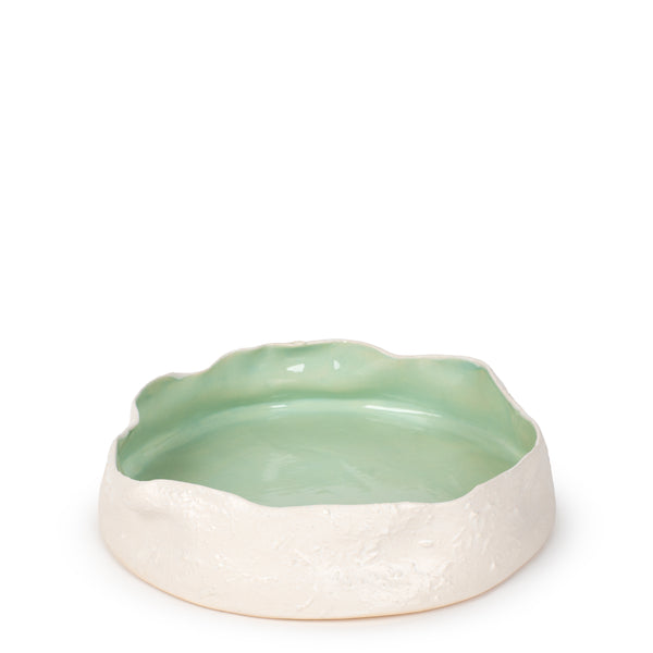 Rough Round Dish <br> White / Pastel Green <br> (Ø 36 x H 8) cm