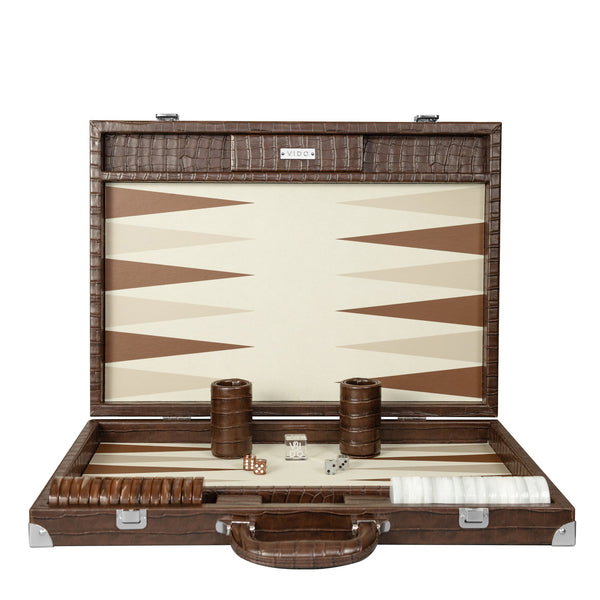Dark Brown Crocodile <br> Backgammon Set with Handle <br> (L 52 x W 36) cm