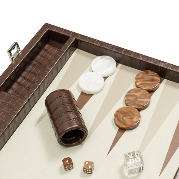 Dark Brown Crocodile <br> Backgammon Set with Handle <br> (L 52 x W 36) cm